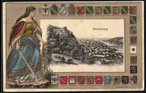 Passepartout-Lithographie Heidelberg, Totalansicht mit dem Schloss, Wappen und die Germania