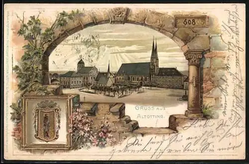 Passepartout-Lithographie Altötting, Blick auf den Kapellplatz, Wappen