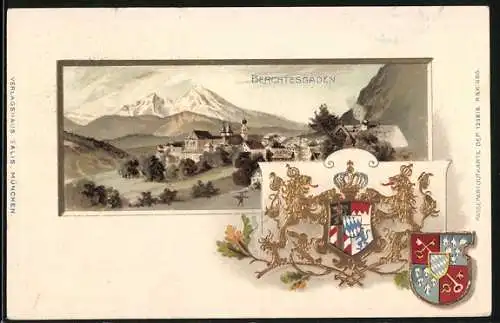 Passepartout-Lithographie Berchtesgaden, Teilansicht, Wappen