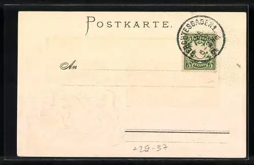 Passepartout-Lithographie Berchtesgaden, Teilansicht, Wappen