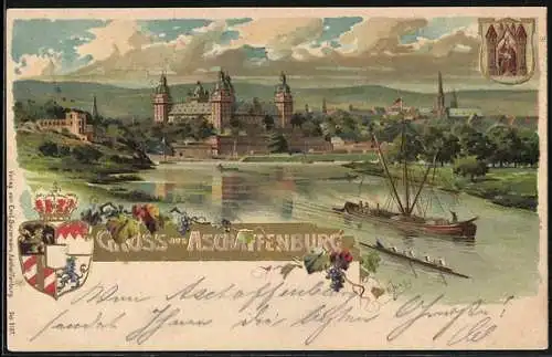 Künstler-AK Aschaffenburg, Uferpartie mit Schloss, Wappen