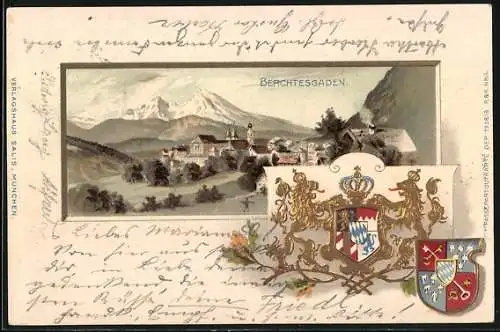 Passepartout-Lithographie Berchtesgaden, Panoramablick auf Ort und Gebirge, Wappen