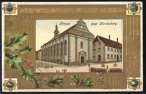 Lithographie Hardenberg-Neviges, Wallfahrtskirche und Franziskanerkloster, prunkvolles Passepartout