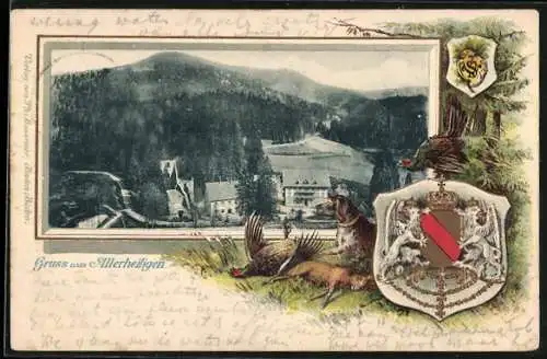 Passepartout-Lithographie Allerheiligen, Ortsansicht aus der Vogelschau, Wappen