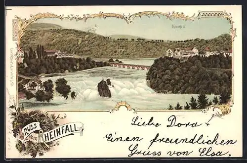 Lithographie Rheinfall, Wasserfall mit Panorama