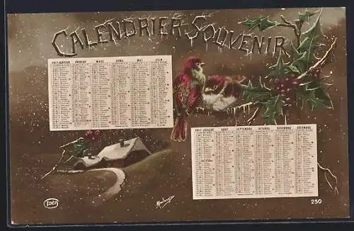 AK Zwei Vögel auf Zweig in winterlicher Landschaft, Kalender 1917