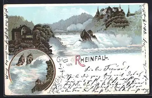 Lithographie Rheinfall, Wasserfall mit Schloss, Fischetz Schloss Laufen