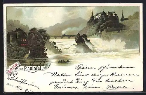 Lithographie Neuhausen am Rheinfall, Ortsansicht mit dem Rheinfall