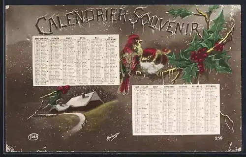 AK Zwei Vögel auf Zweig in winterlicher Landschaft, Kalender 1917