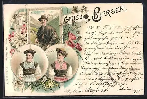 Lithographie Gruss aus den Bergen, Tonei, Vroni und Maidl in Tiroler Tracht