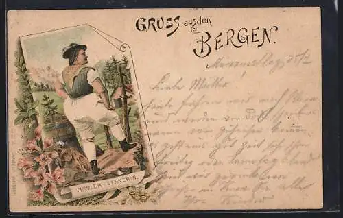 Vorläufer-Lithographie Tiroler Sennerin in den Bergen