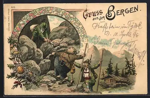 Lithographie Gruss aus den Bergen, Bergführer und Touristen, Humor