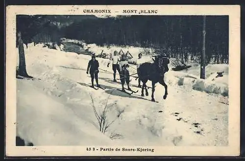 AK Chamonix /Mont Blanc, Partie de Snore-Kjoring, Skifahrer mit einem Pferd