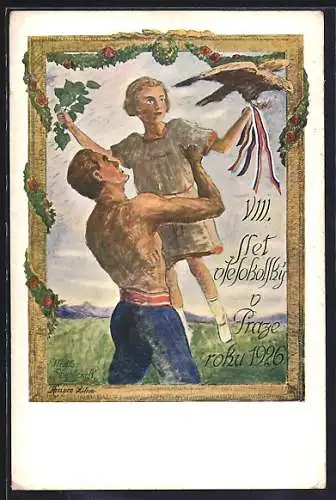 AK Prag, Sokol 1926, Turner hebt ein Mädchen in die Luft, Adler & patriotische Bänder