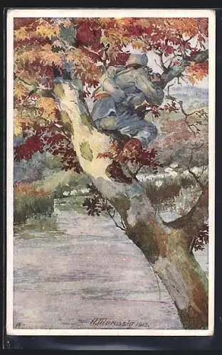 Künstler-AK Rotes Kreuz Nr. 350, Soldat Franz Pogatsch spioniert aus dem Baum heraus