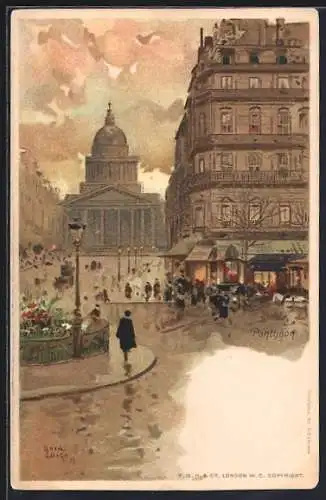 Lithographie Paris, Strassenpartie mit Blick zum Pantheon