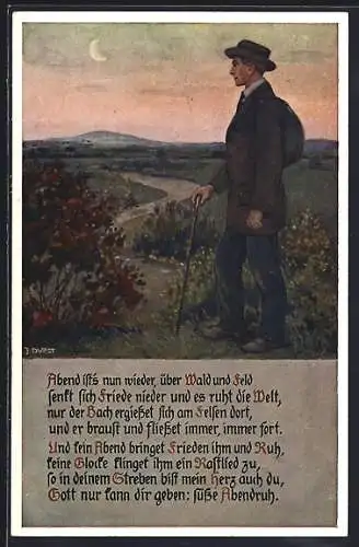 Künstler-AK sign. J. Durst: Ein Wanderer mit Stock bei Sonnenuntergang