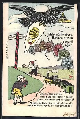 Künstler-AK Die letzten württemberg. Briefmarken 1902, Postgeschichte