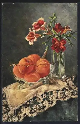 Künstler-AK M. Billing: Stilleben, Aprikosen in Glasschale und Blumen in Vase