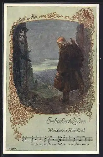 Künstler-AK sign. O. Elsner: Serie Schubert-Lieder, Wanderers Nachtlied, Wanderer schaut ins Tal