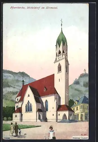 Künstler-AK Micheldorf im Kremstal, Passanten vor der Pfarrkirche