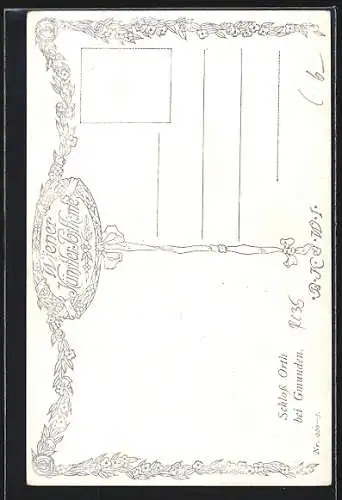 Künstler-AK E.F. Hofecker: Gmunden, Blick zum Schloss Orth, Flurkreuz