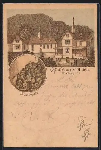 Lithographie St. Ottilien /Freiburg, Ortspartie, St. Otilienquelle