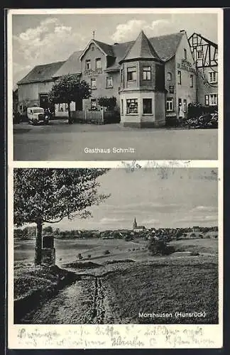 AK Morshausen /Hunsrück, Gasthaus zur schönen Aussicht v. Anton Schmitt, Ortsansicht aus der Ferne