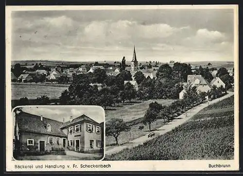 AK Buchbrunn, Bäckerei und Handlung v. Fr. Scheckenbach, Totalansicht