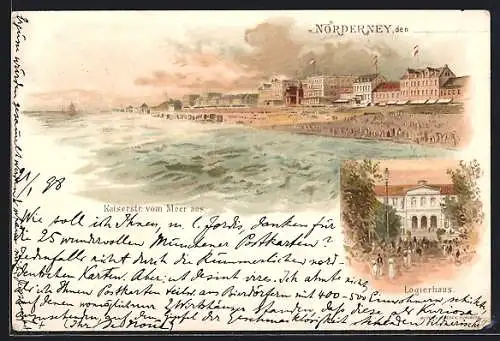 Lithographie Norderney, Gasthaus Logierhaus, Kaiserstrasse vom Meer aus