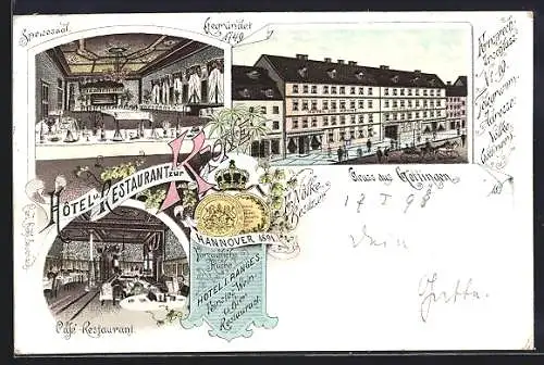 Lithographie Göttingen, Hotel-Restaurant zur Krone mit Siegel Hannover 1891, Speisesaal und Strasse