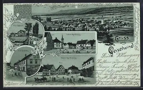 Mondschein-Lithographie Geiselwind, Geschäft C. A. Endres, Villa Cabolet, Unterer u. Oberer Marktplatz, Gesamtansicht