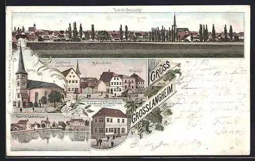 Lithographie Grosslangheim, Handlung-Conditorei G. Schmitt, Kapelle Zentscheuer, Marktplatz mit Gasthaus zum Hirschen