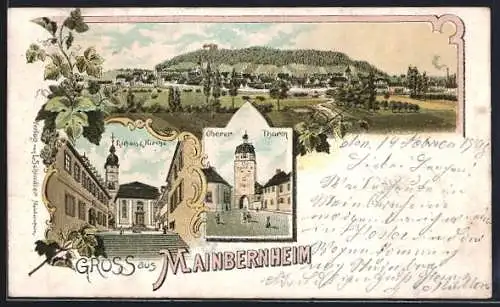 Lithographie Mainbernheim, Gesamtansicht, Rathaus und Kirche, Oberer Thurm