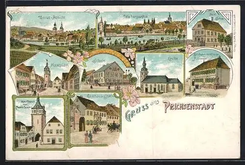 Lithographie Prichsenstadt, Gasthaus z. Storch, Kaufhaus M. Sauer m Torturm, Gasthaus z. Krone H. Krämer, Totalansicht