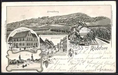 Lithographie Rödelsee, Handlung K. Rönniger, Schwanberg mit Kutsche, Strassenpartie