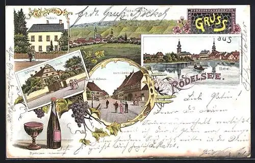 Lithographie Rödelsee, Strasse mit Gasthaus zum Löwen und zum Schwan, Schule