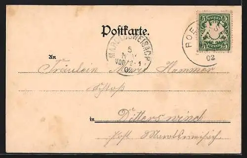 Lithographie Rödelsee, Strasse mit Gasthaus zum Löwen und zum Schwan, Schule