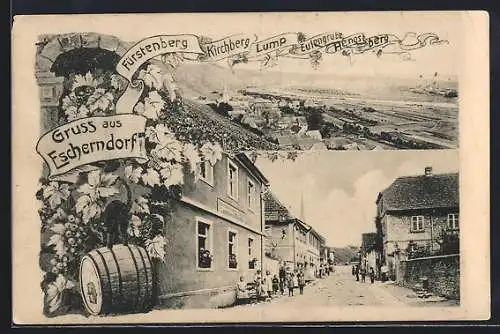 AK Escherndorf, Strassenpartie mit Gasthaus z. Engel Blendel, Ortsansicht m. Fürstenberg u. Kirchberg, Weinfass, Katze