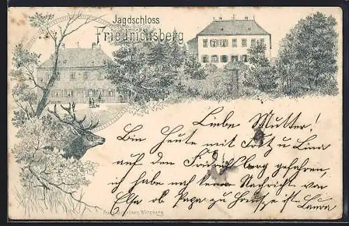 Lithographie Jagdschloss Friedrichsberg, Vorder- u. Rückansicht mit Garten, Hirsch