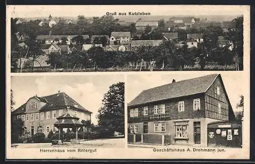 AK Kutzleben, Geschäftshaus A. Drehmann jun., Herrenhaus vom Rittergut, Totalansicht