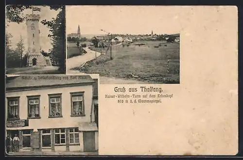 AK Thalfang, Schuh- u. Lederhandlung K. Klein, Aussichtsturm, Ortsansicht mit Landstrasse