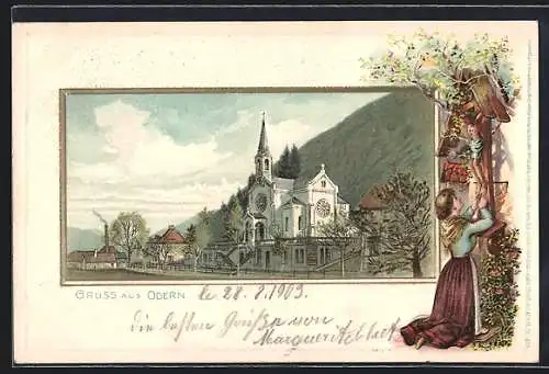 Passepartout-Lithographie Odern, Strassenpartie mit Kirche und Fabrikschlot, Flurkreuz mit betender Frau