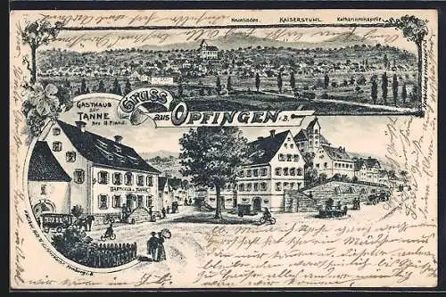 Künstler-AK Opfingen i. B., Gasthaus z. Tanne G. Fland mit Strasse, Kirche u. Brunnen, Ortsansicht mit Kaiserstuhl