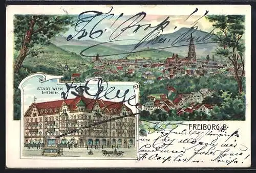 Lithographie Freiburg i. B., Hotel Stadt Wien E. Seiter mit Strassenbahn, Gesamtansicht aus der Vogelschau