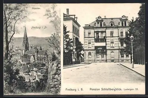 AK Freiburg i. B., Pension Schlossbergblick mit Strasse, Ludwigstr. 33, Teilansicht mit Münster aus der Vogelschau