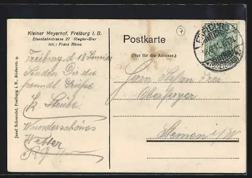 AK Freiburg i. B., Gasthaus Kleiner Meyerhof F. Rhino, Eisenbahnstr. 27, Fassade u. Innenansicht