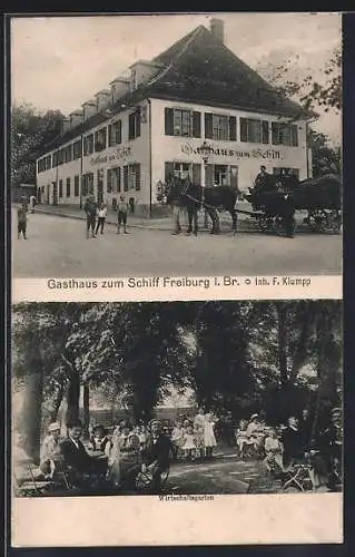 AK Freiburg i. B., Gasthaus zum Schiff F. Klumpp mit Fuhrwerk, Kindergruppe, Gartenansicht