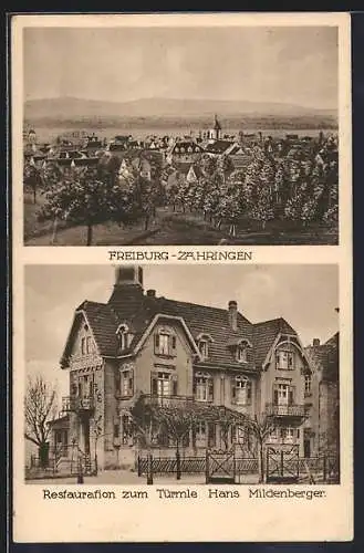 AK Freiburg-Zähringen, Gasthaus Restauration zum Türmle H. Mildenberger, Gesamtansicht mit Fernblick aus der Vogelschau