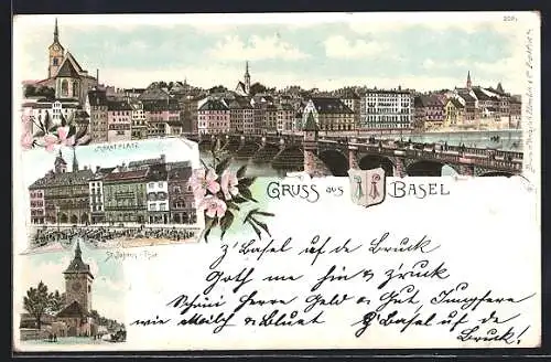 Lithographie Basel, St. Johann-Tor, Marktplatz, Stadtpanorama, Wappen